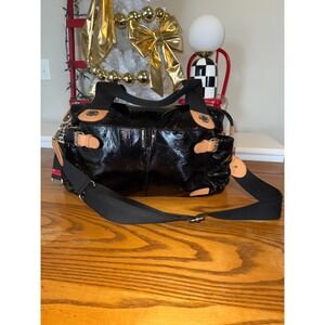 Storksak Black Patent Leather Diaper Bag Messenger Style